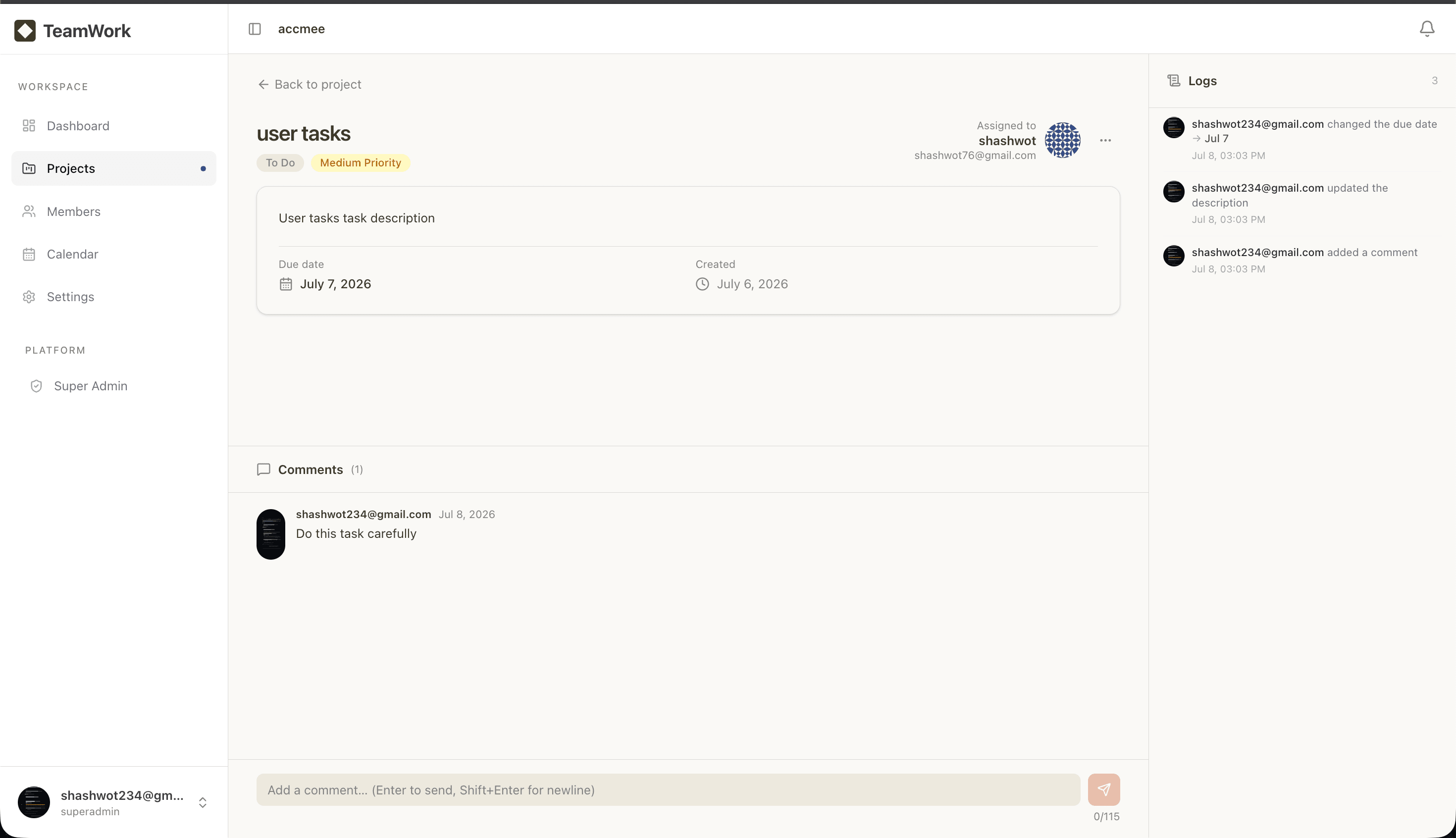 Task details and activity log
